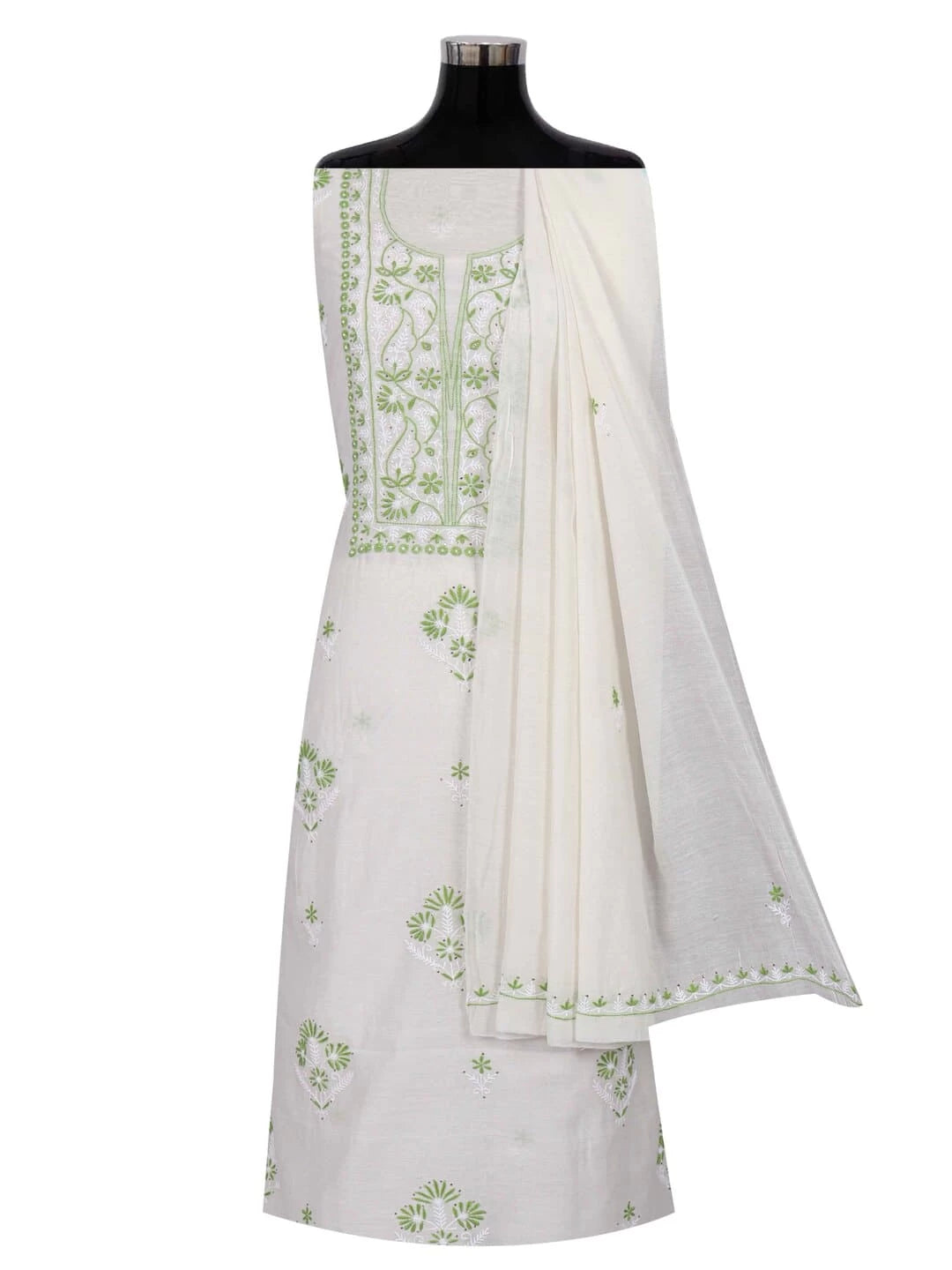 Ada Hand Embroidered White Chanderi Lucknowi Chikankari Unstitched Kurta Dupatta Set With Muqaish Work 01A260018