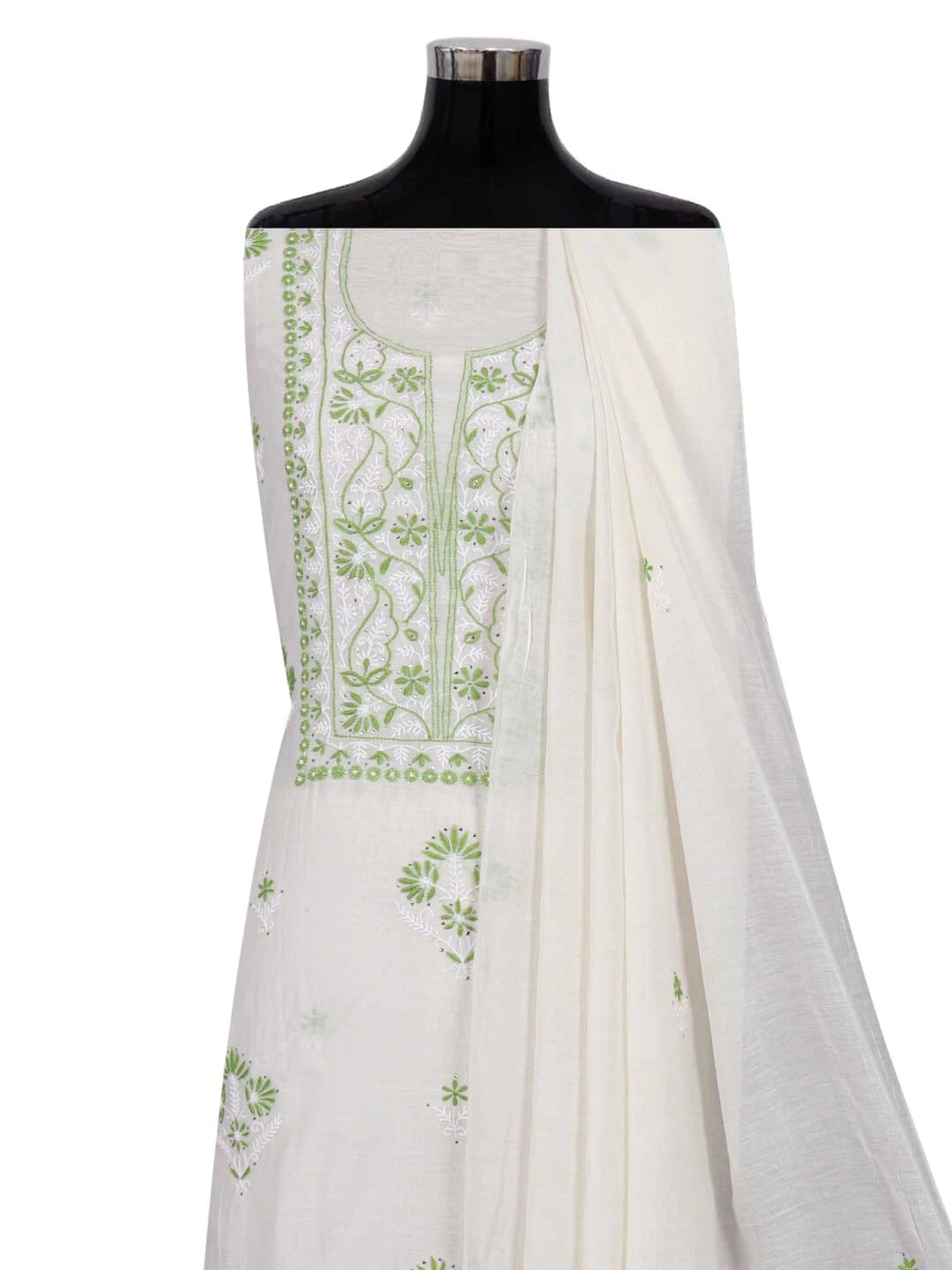 Ada Hand Embroidered White Chanderi Lucknowi Chikankari Unstitched Kurta Dupatta Set With Muqaish Work 01A260018