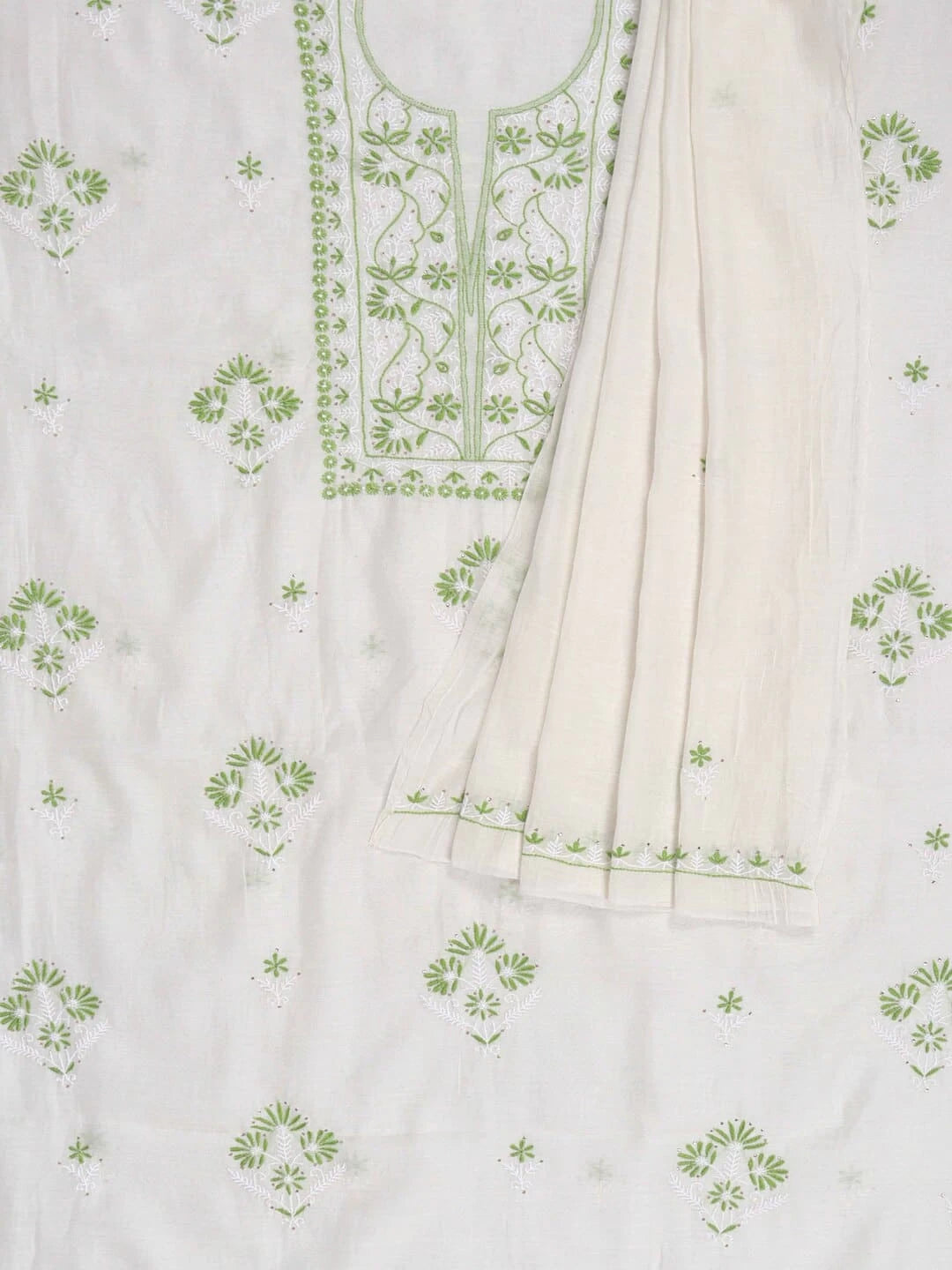 Ada Hand Embroidered White Chanderi Lucknowi Chikankari Unstitched Kurta Dupatta Set With Muqaish Work 01A260018