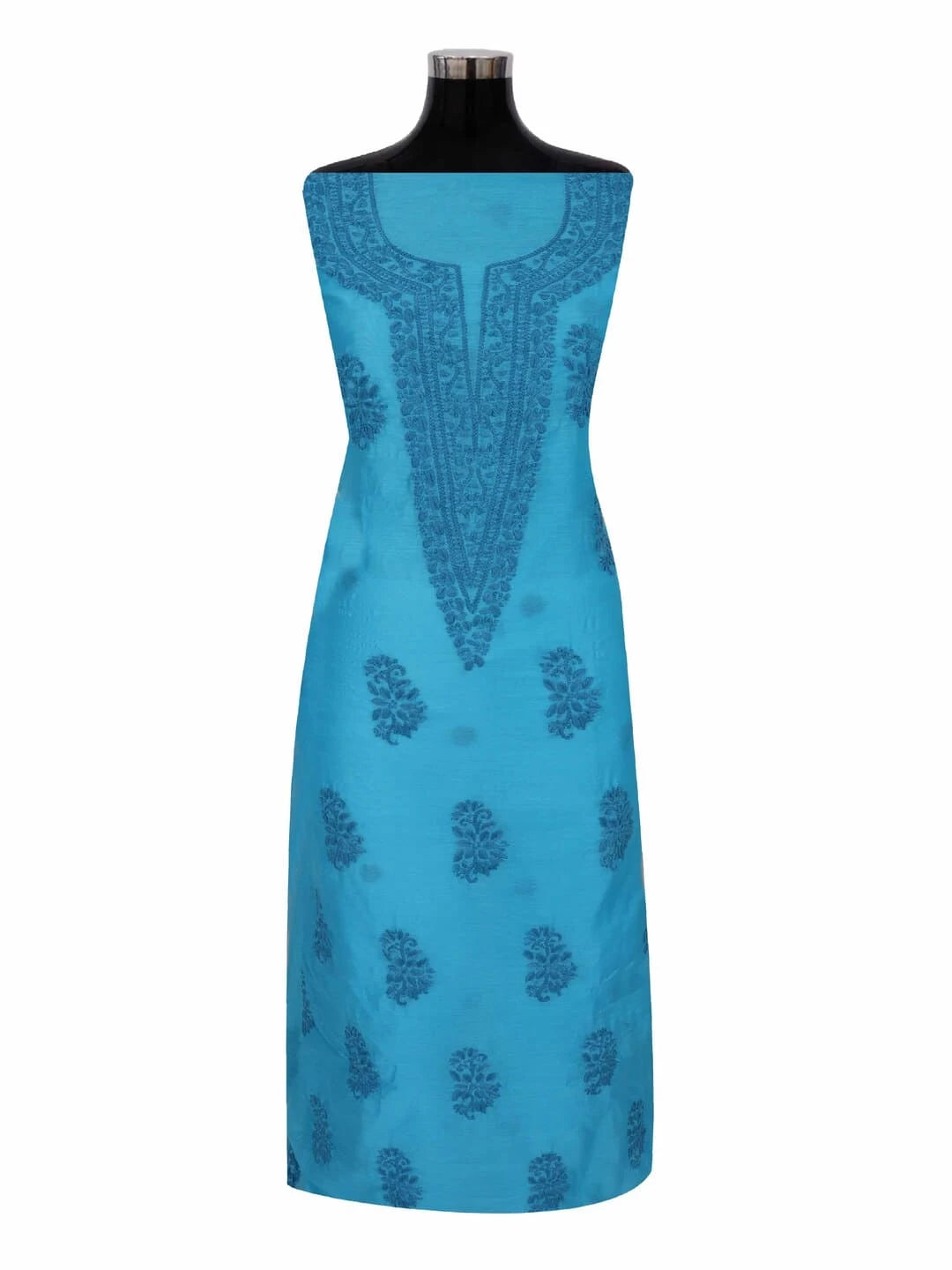 Ada Hand Embroidered Shappire Blue Chanderi Lucknowi Chikankari Unstitched Kurta Dupatta Set 01A237329