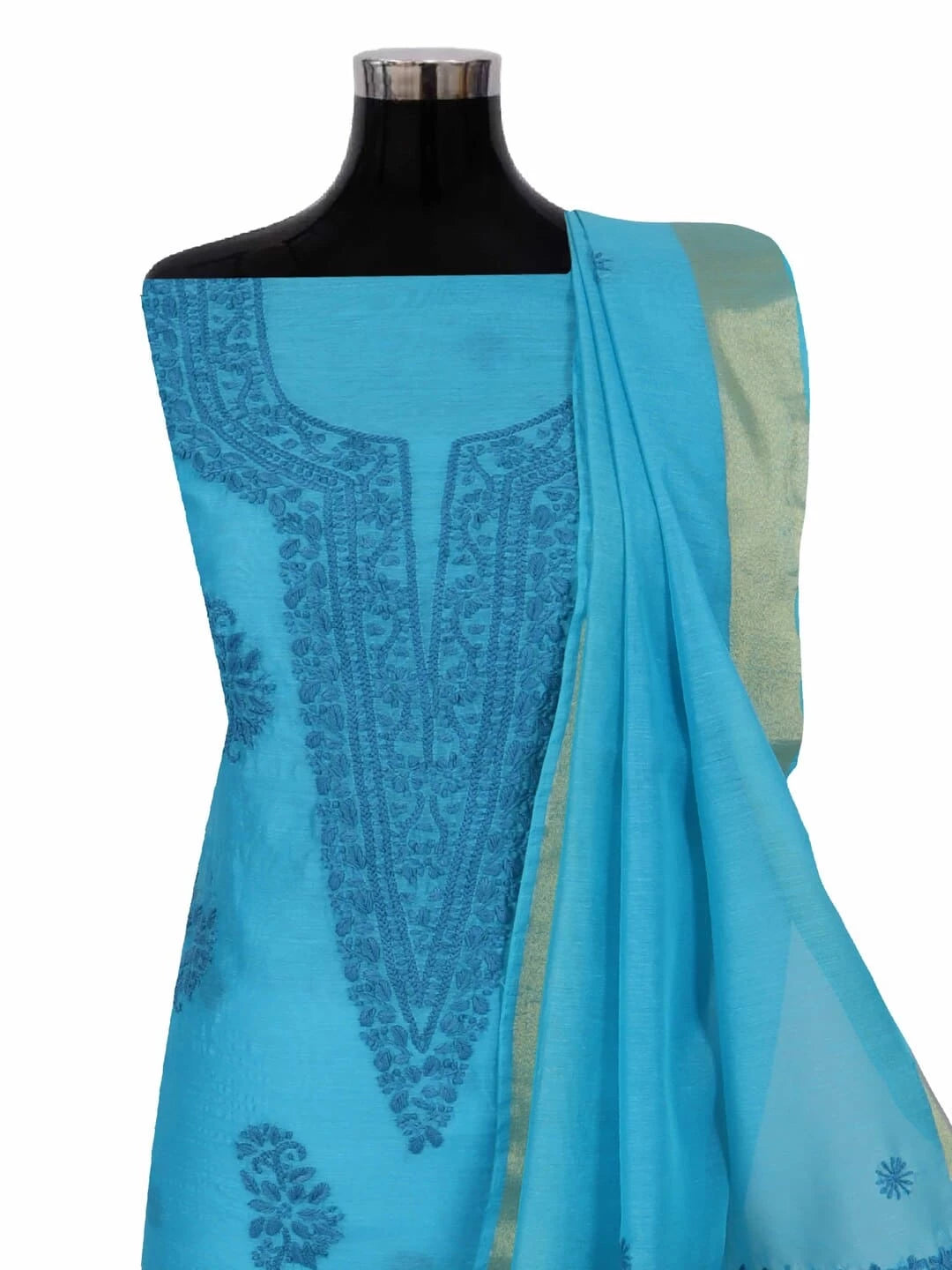 Ada Hand Embroidered Shappire Blue Chanderi Lucknowi Chikankari Unstitched Kurta Dupatta Set 01A237329