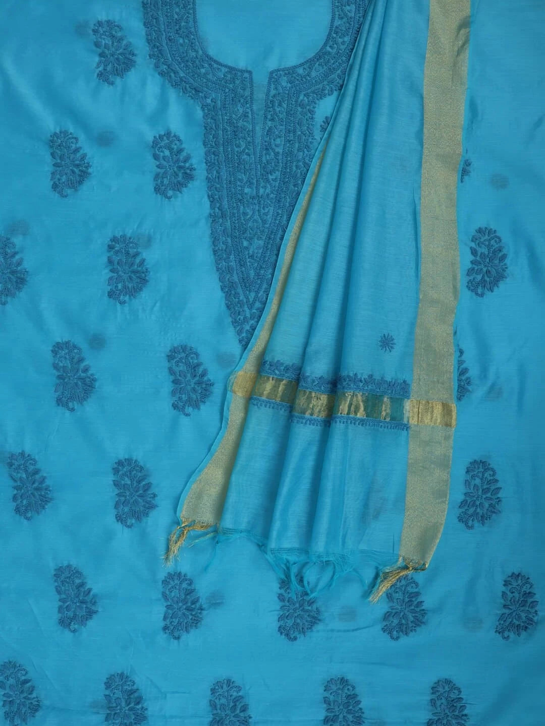 Ada Hand Embroidered Shappire Blue Chanderi Lucknowi Chikankari Unstitched Kurta Dupatta Set 01A237329
