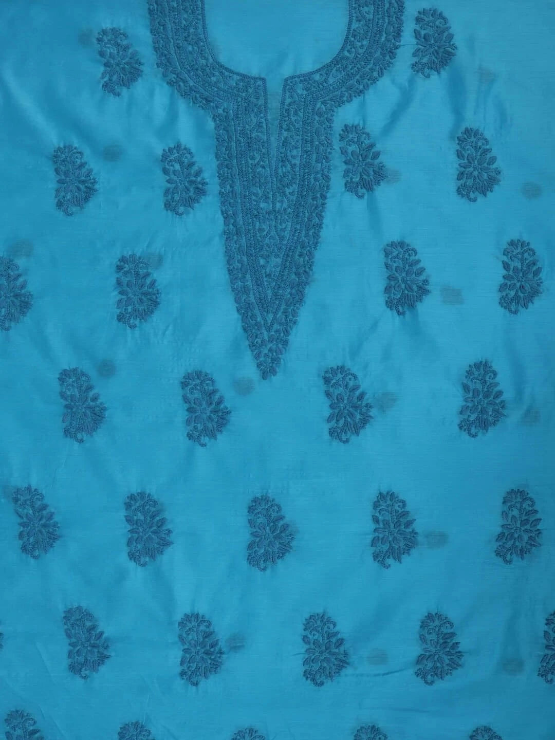 Ada Hand Embroidered Shappire Blue Chanderi Lucknowi Chikankari Unstitched Kurta Dupatta Set 01A237329
