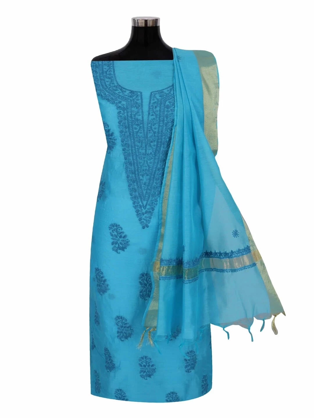 Ada Hand Embroidered Shappire Blue Chanderi Lucknowi Chikankari Unstitched Kurta Dupatta Set 01A237329