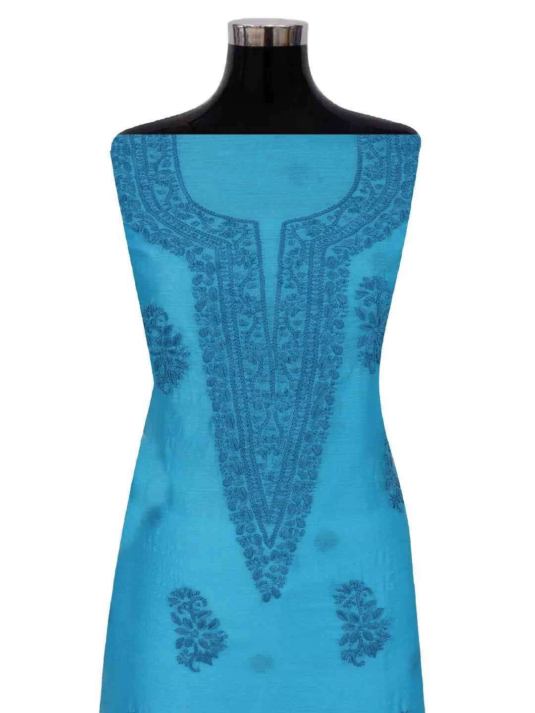 Ada Hand Embroidered Shappire Blue Chanderi Lucknowi Chikankari Unstitched Kurta Dupatta Set 01A237329