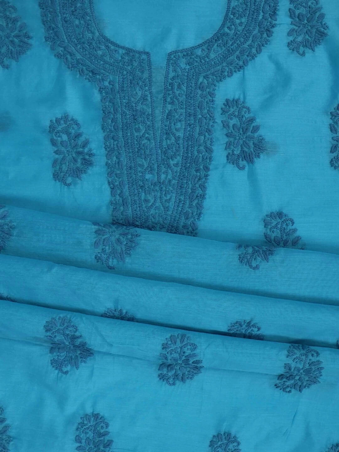Ada Hand Embroidered Shappire Blue Chanderi Lucknowi Chikankari Unstitched Kurta Dupatta Set 01A237329