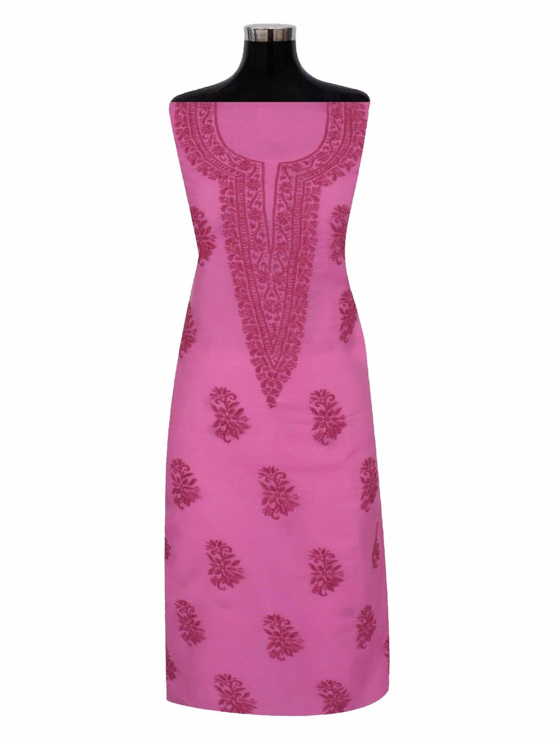 Ada Hand Embroidered Pink Chanderi Lucknowi Chikankari Unstitched Kurta Dupatta Set 01A237343