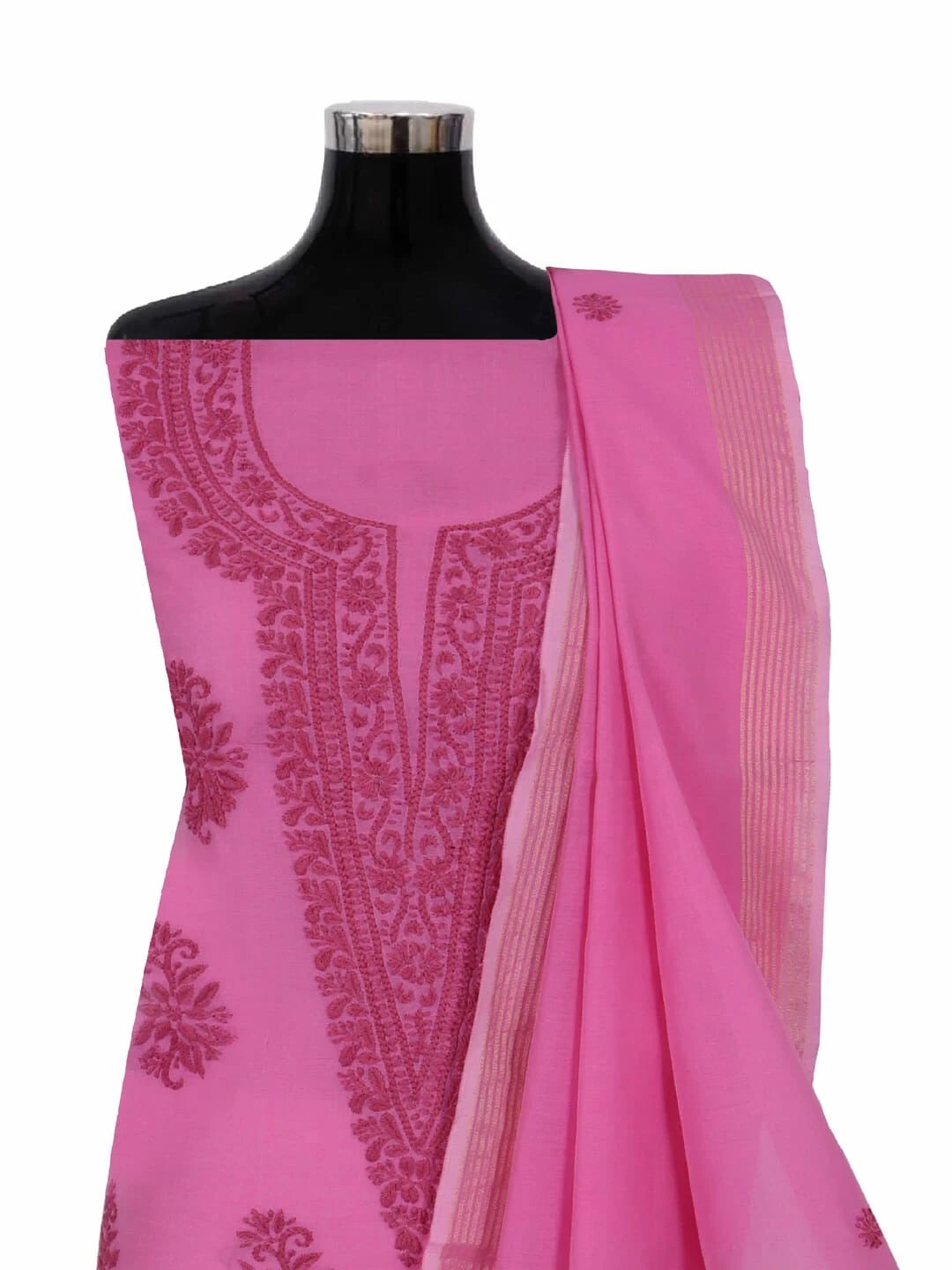 Ada Hand Embroidered Pink Chanderi Lucknowi Chikankari Unstitched Kurta Dupatta Set 01A237343