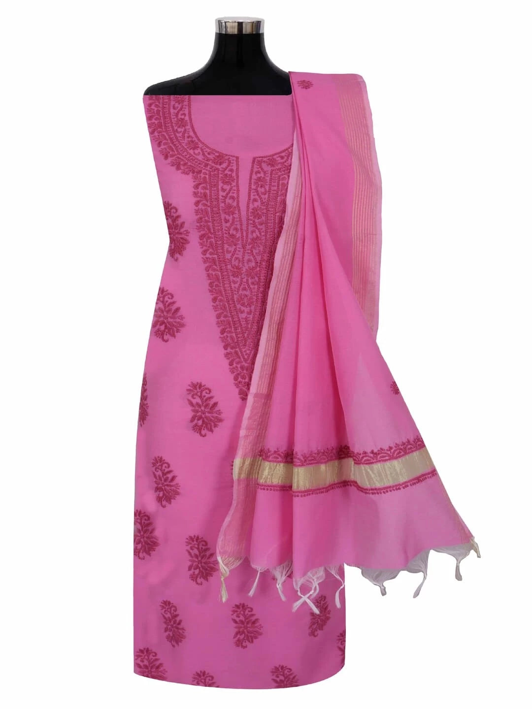 Ada Hand Embroidered Pink Chanderi Lucknowi Chikankari Unstitched Kurta Dupatta Set 01A237343