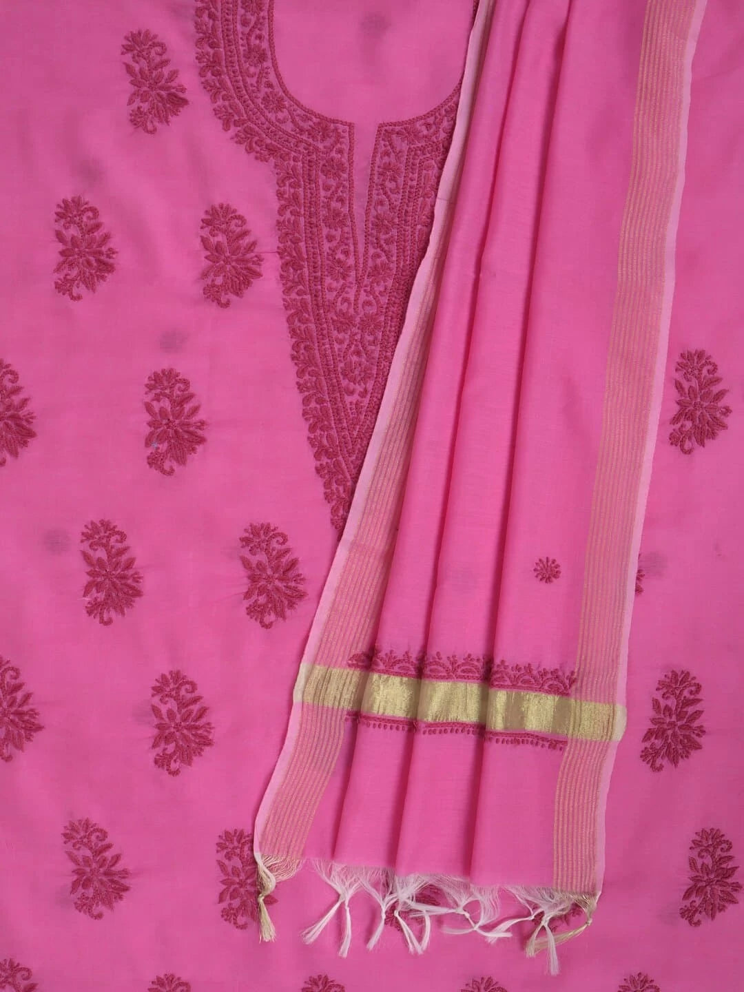Ada Hand Embroidered Pink Chanderi Lucknowi Chikankari Unstitched Kurta Dupatta Set 01A237343