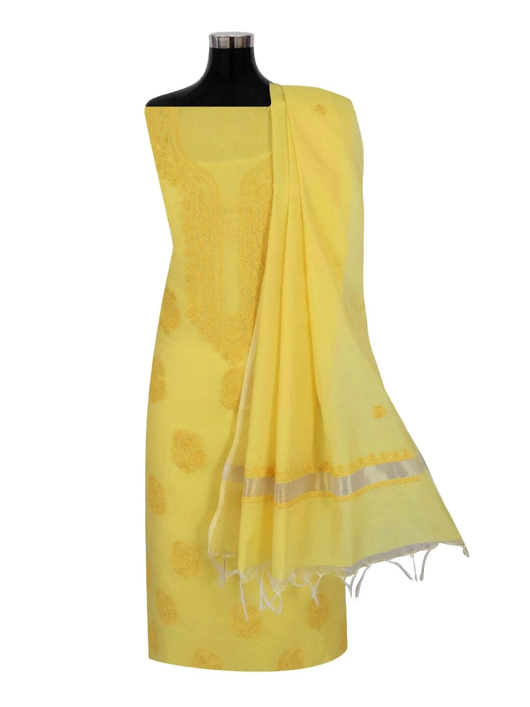 Ada Hand Embroidered Yellow Chanderi Lucknowi Chikankari Unstitched Kurta Dupatta Set 01A253829