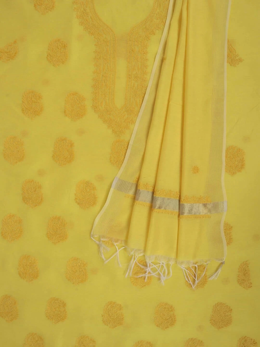 Ada Hand Embroidered Yellow Chanderi Lucknowi Chikankari Unstitched Kurta Dupatta Set 01A253829