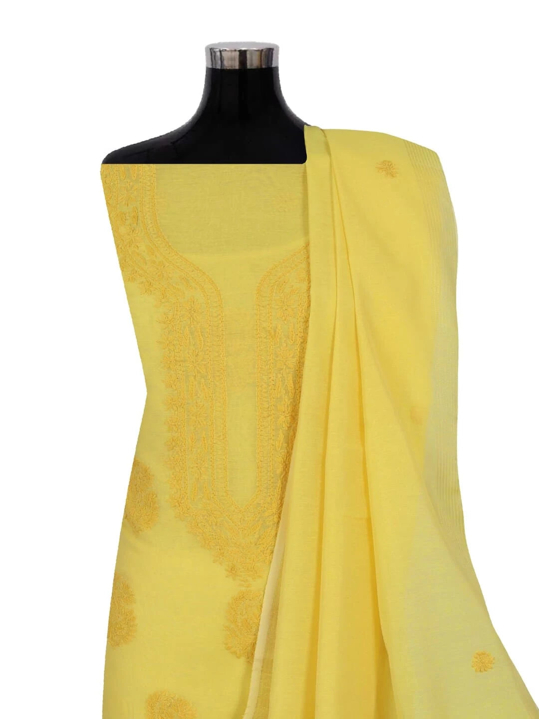 Ada Hand Embroidered Yellow Chanderi Lucknowi Chikankari Unstitched Kurta Dupatta Set 01A253829