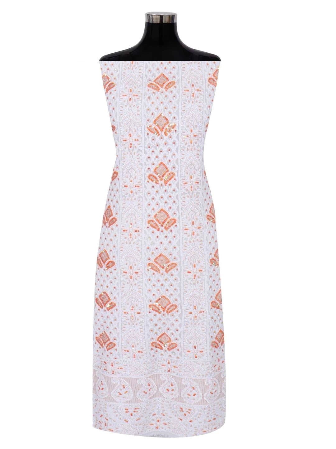 Ada Hand Embroidered White Georgette Lucknowi Chikankari Unstitched Kurta Dupatta Set With Pearl Work 01A214028