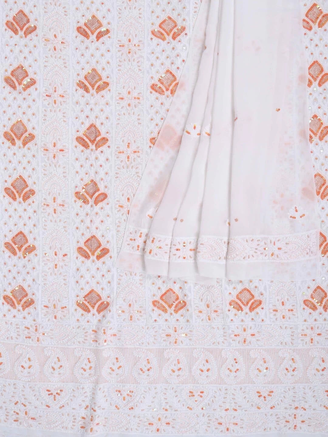Ada Hand Embroidered White Georgette Lucknowi Chikankari Unstitched Kurta Dupatta Set With Pearl Work 01A214028