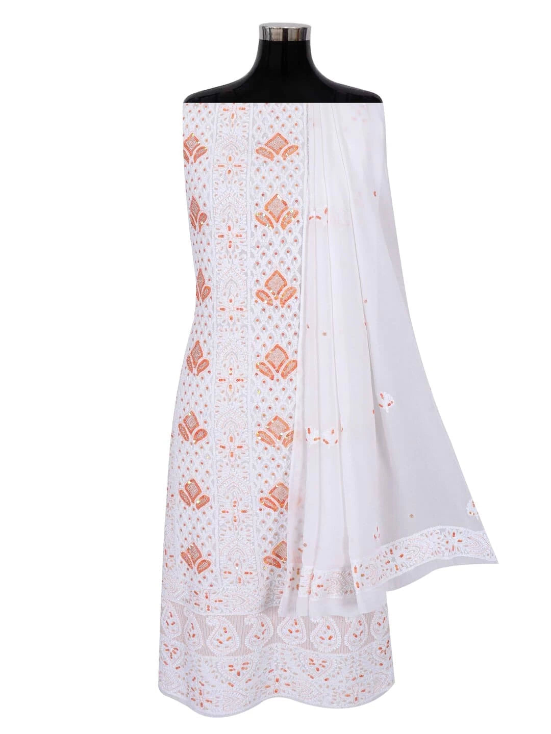 Ada Hand Embroidered White Georgette Lucknowi Chikankari Unstitched Kurta Dupatta Set With Pearl Work 01A214028