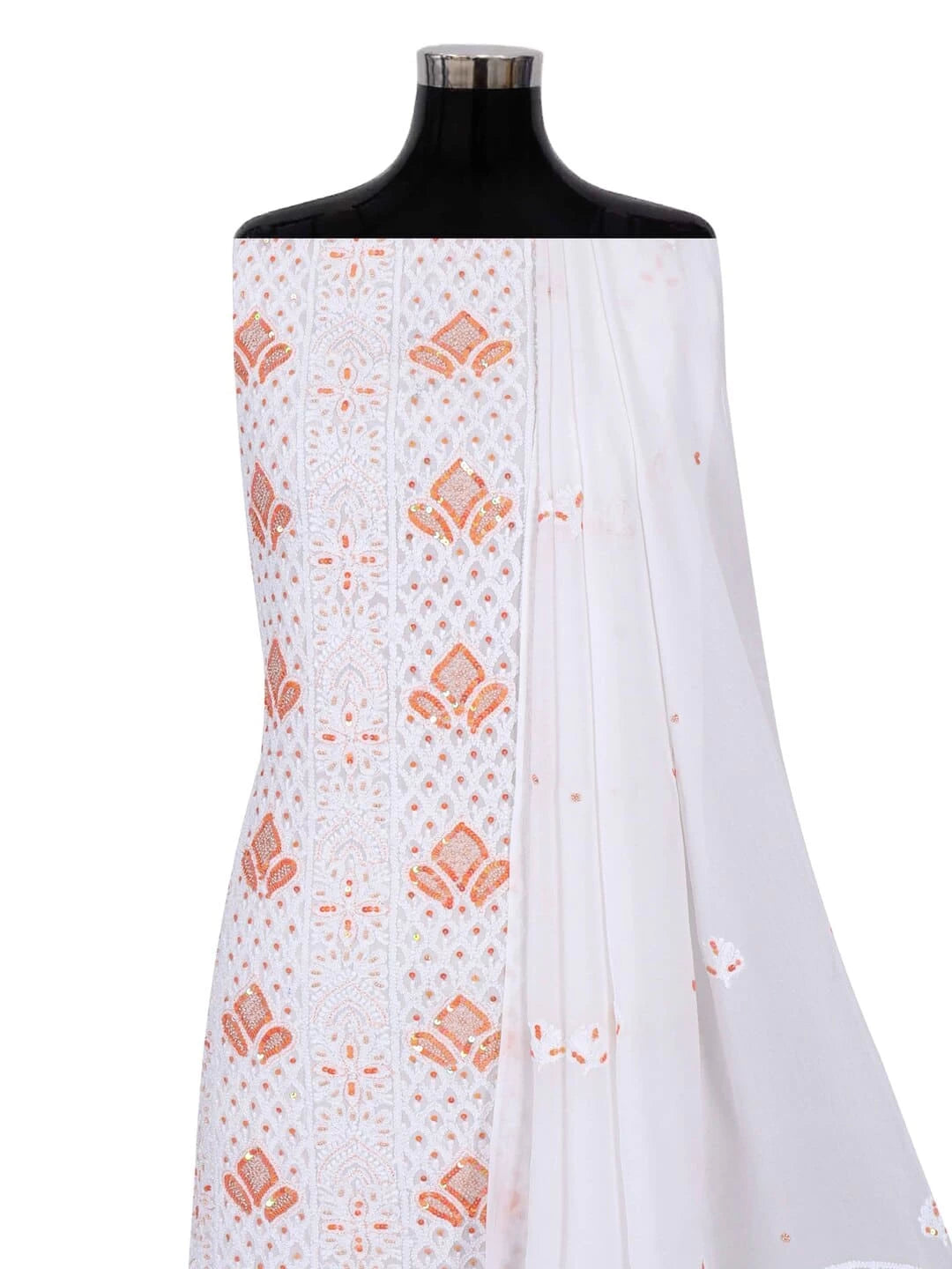 Ada Hand Embroidered White Georgette Lucknowi Chikankari Unstitched Kurta Dupatta Set With Pearl Work 01A214028