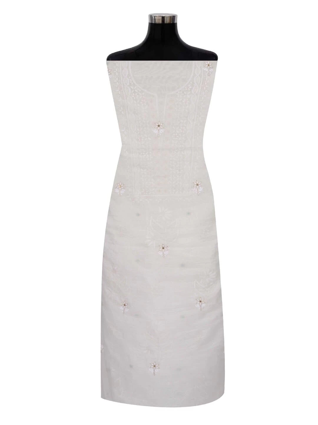 Ada Hand Embroidered Off White Chanderi Lucknowi Chikankari Unstitched Kurta Dupatta Set With Pearl Work 01A265092
