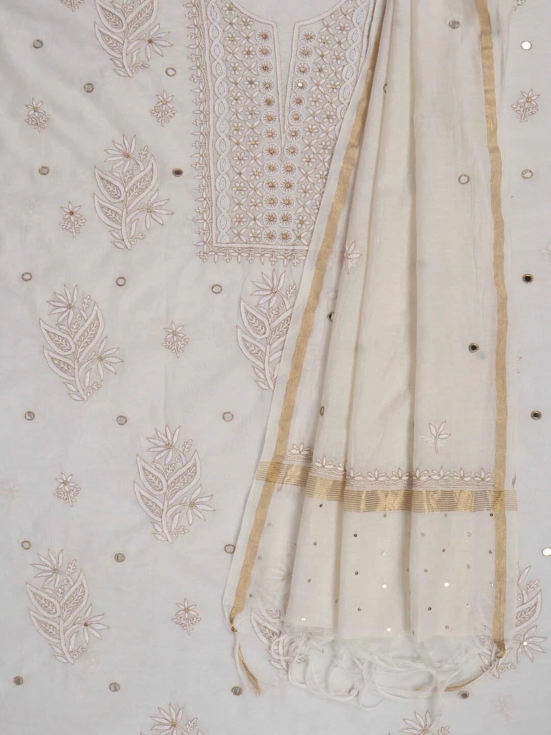 Ada Hand Embroidered Off White Chanderi Lucknowi Chikankari Unstitched Kurta Dupatta Set With Pearl Work 01A265092