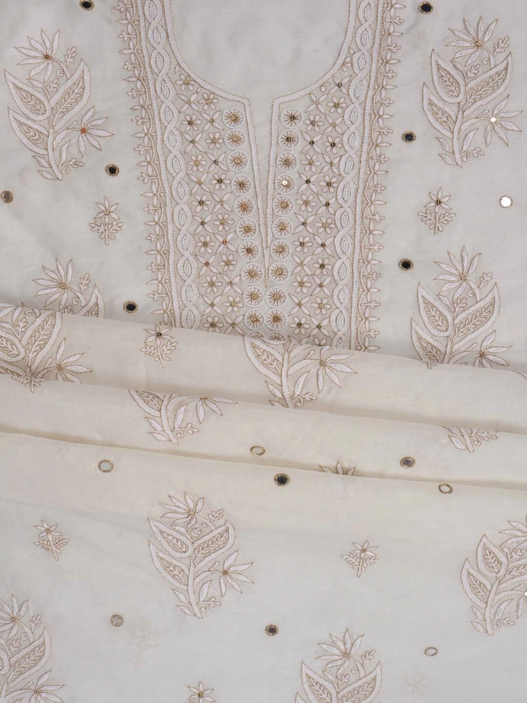 Ada Hand Embroidered Off White Chanderi Lucknowi Chikankari Unstitched Kurta Dupatta Set With Pearl Work 01A265092