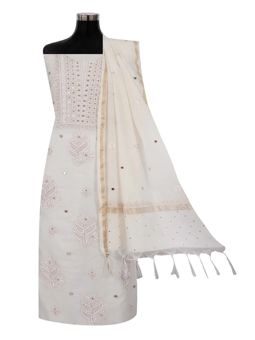 Ada Hand Embroidered Off White Chanderi Lucknowi Chikankari Unstitched Kurta Dupatta Set With Pearl Work 01A265092