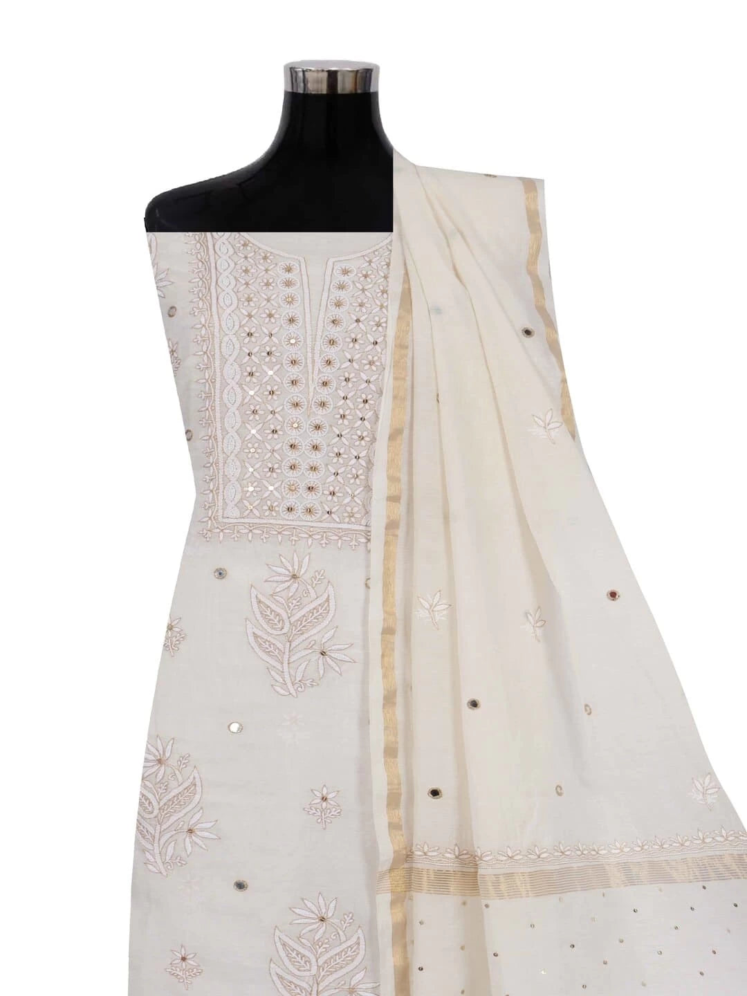 Ada Hand Embroidered Off White Chanderi Lucknowi Chikankari Unstitched Kurta Dupatta Set With Pearl Work 01A265092
