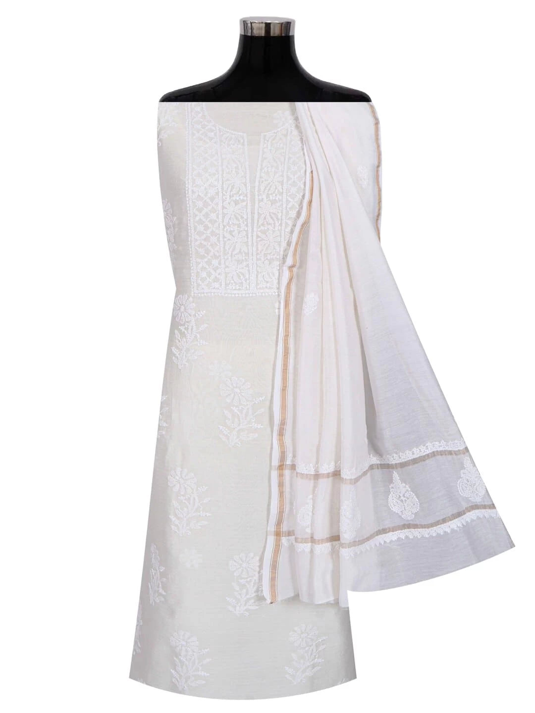 Ada Hand Embroidered White Chanderi Lucknowi Chikankari Unstitched Kurta Dupatta Set A610092