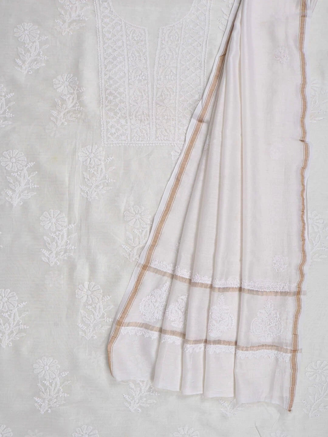 Ada Hand Embroidered White Chanderi Lucknowi Chikankari Unstitched Kurta Dupatta Set A610092