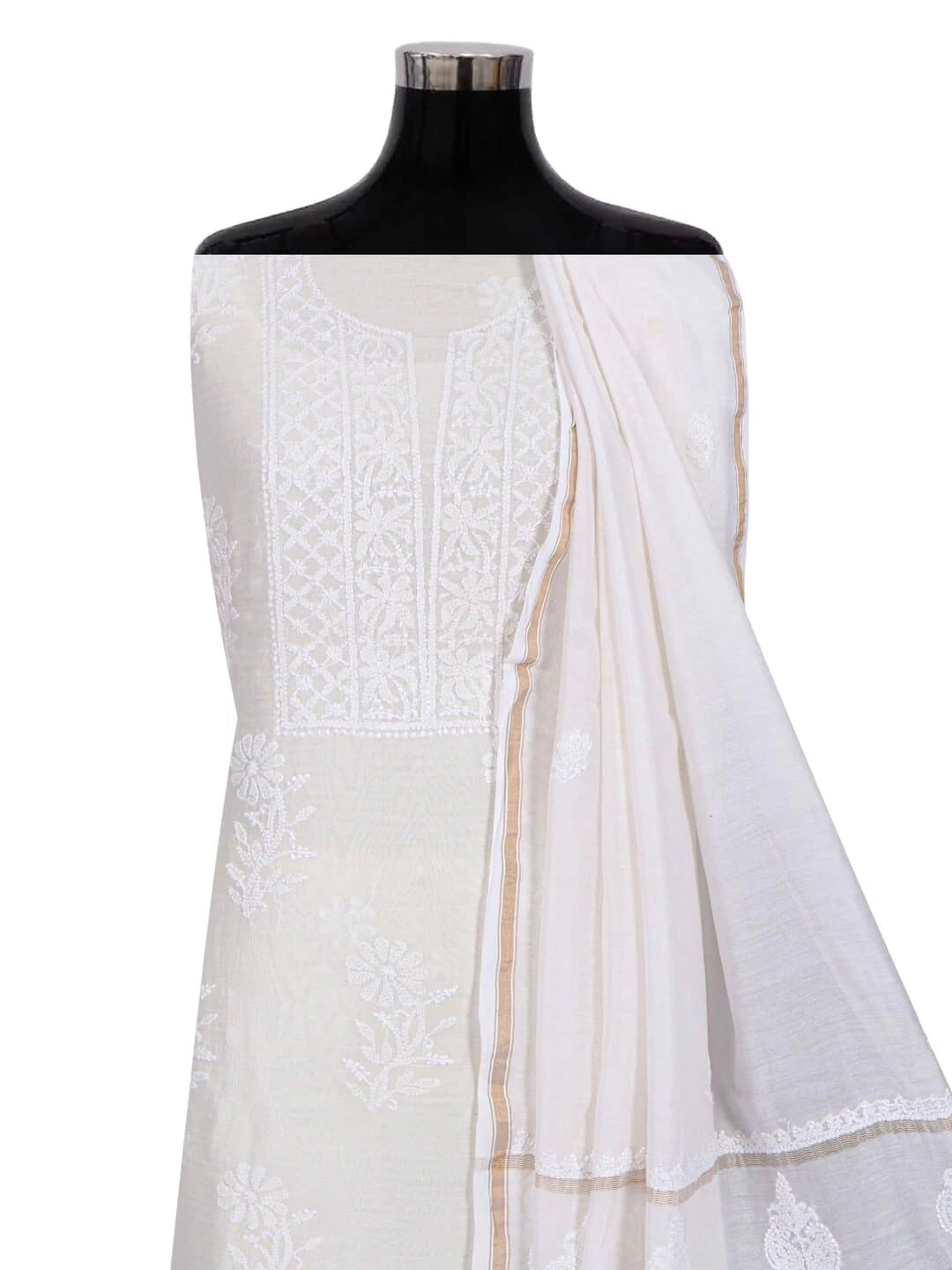 Ada Hand Embroidered White Chanderi Lucknowi Chikankari Unstitched Kurta Dupatta Set A610092