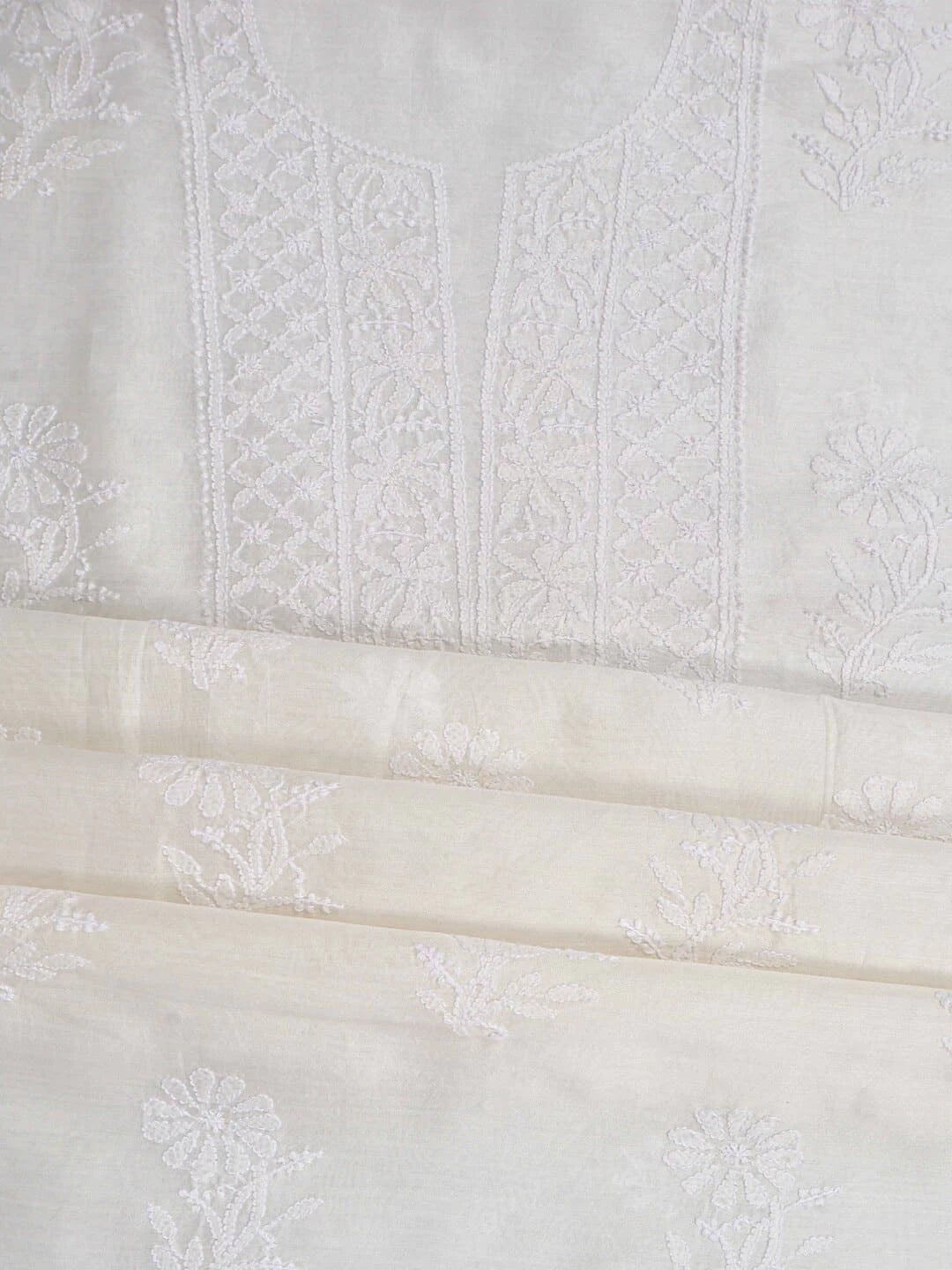 Ada Hand Embroidered White Chanderi Lucknowi Chikankari Unstitched Kurta Dupatta Set A610092