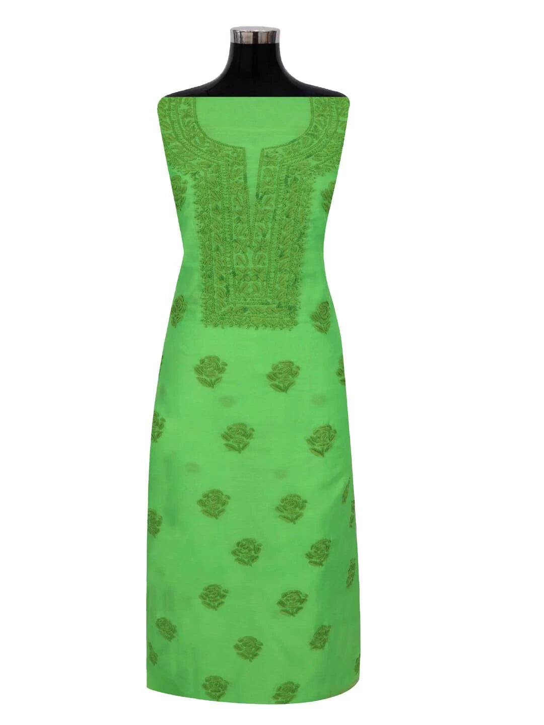 Ada Hand Embroidered Kelly Green Chanderi Lucknowi Chikankari Unstitched Kurta Dupatta Set 01A253908