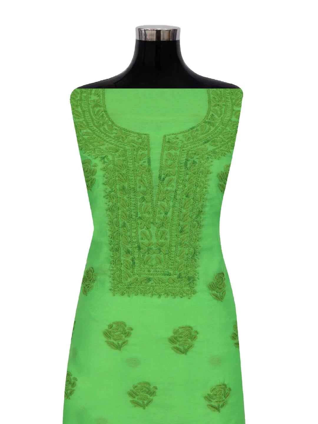Ada Hand Embroidered Kelly Green Chanderi Lucknowi Chikankari Unstitched Kurta Dupatta Set 01A253908