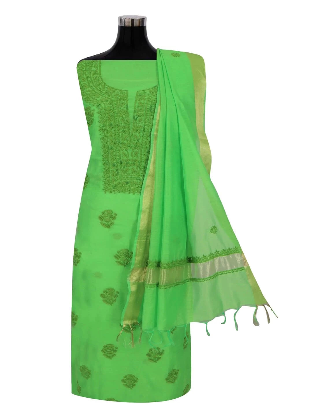 Ada Hand Embroidered Kelly Green Chanderi Lucknowi Chikankari Unstitched Kurta Dupatta Set 01A253908