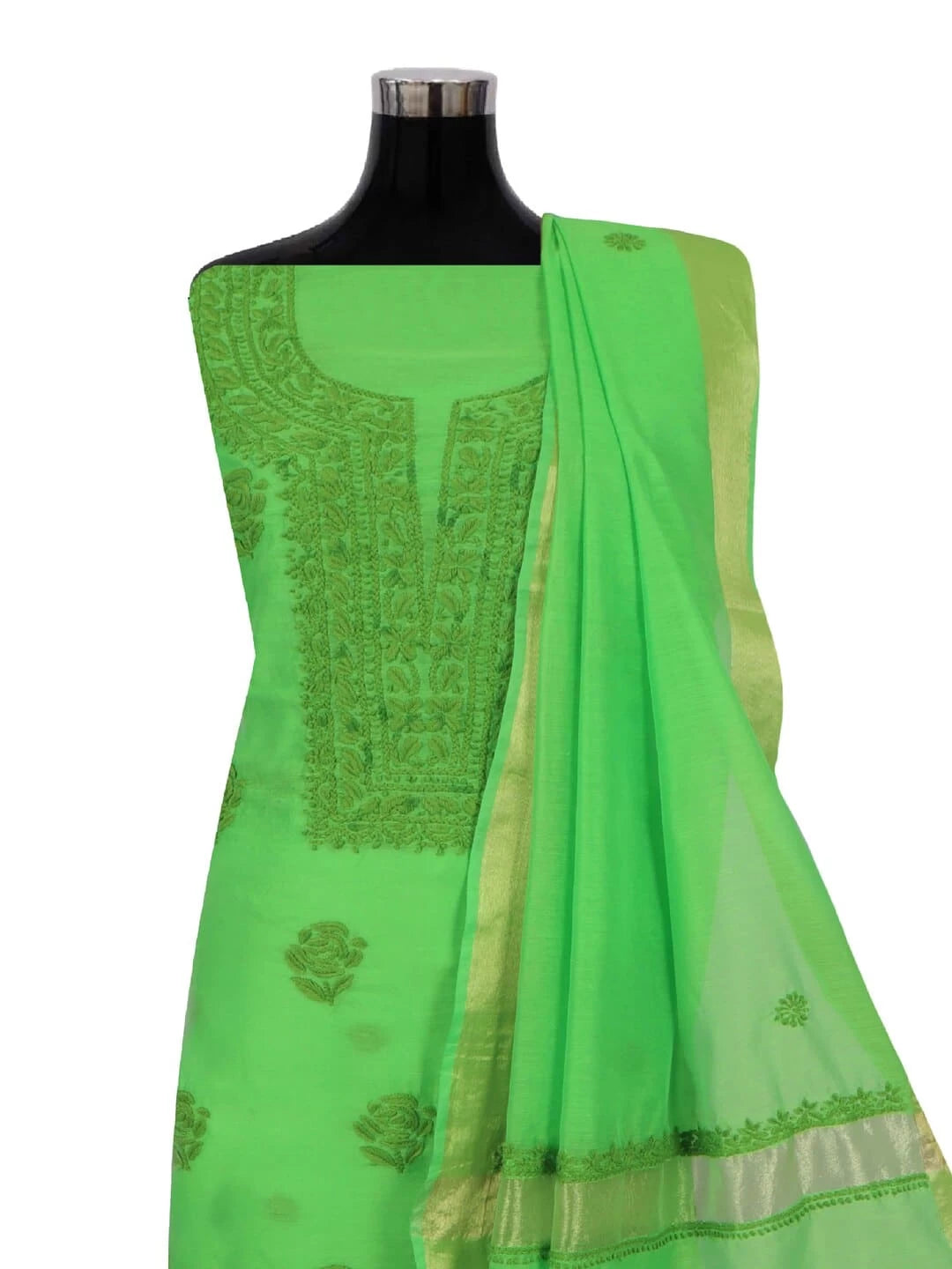 Ada Hand Embroidered Kelly Green Chanderi Lucknowi Chikankari Unstitched Kurta Dupatta Set 01A253908
