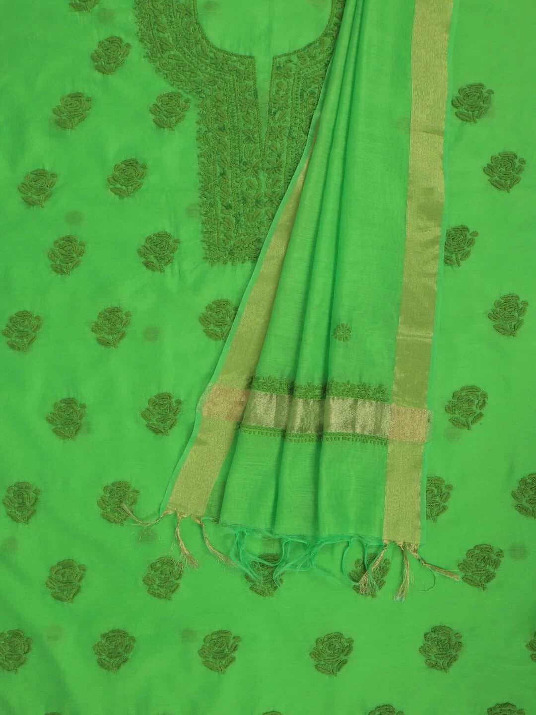 Ada Hand Embroidered Kelly Green Chanderi Lucknowi Chikankari Unstitched Kurta Dupatta Set 01A253908
