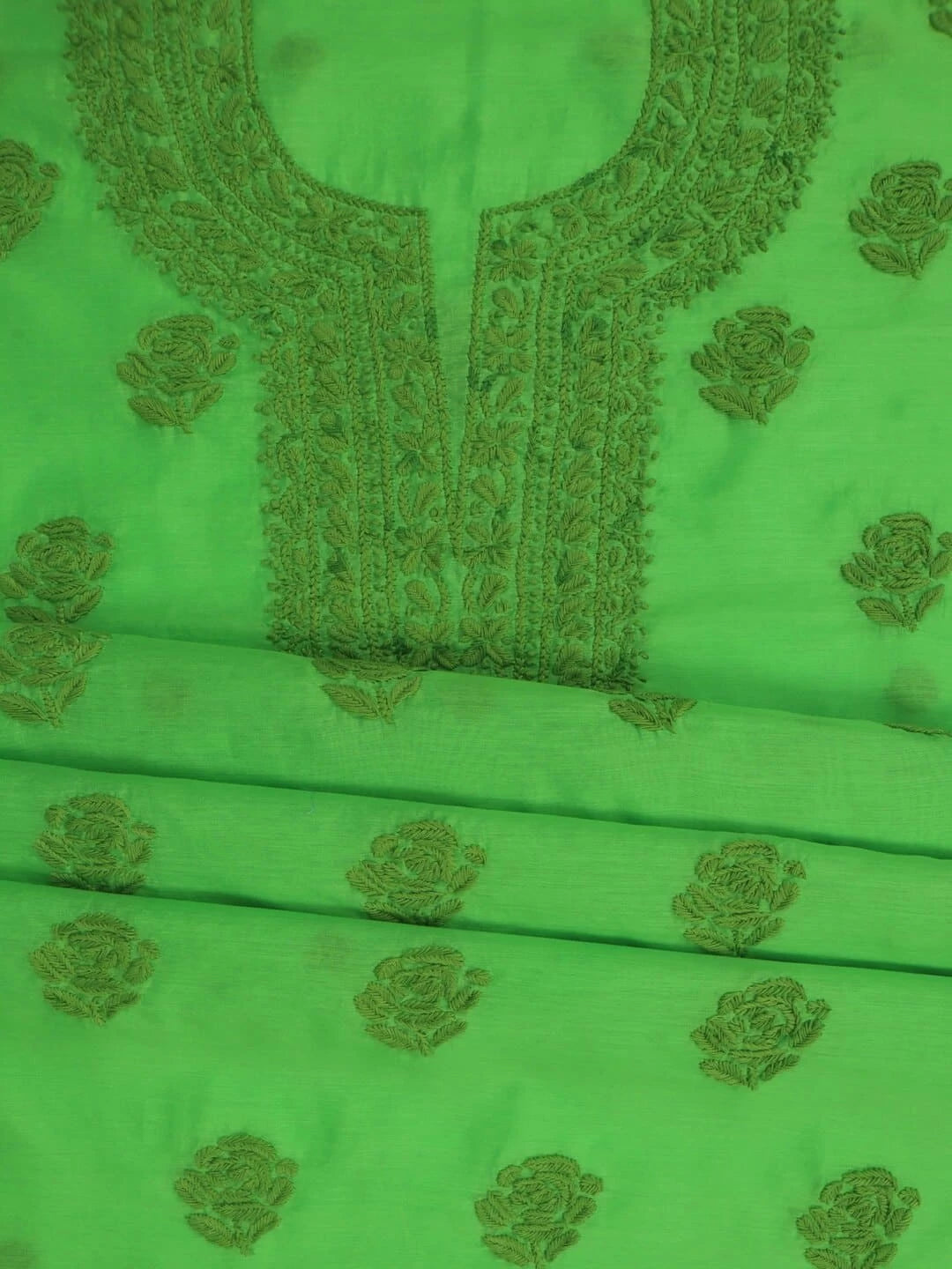 Ada Hand Embroidered Kelly Green Chanderi Lucknowi Chikankari Unstitched Kurta Dupatta Set 01A253908
