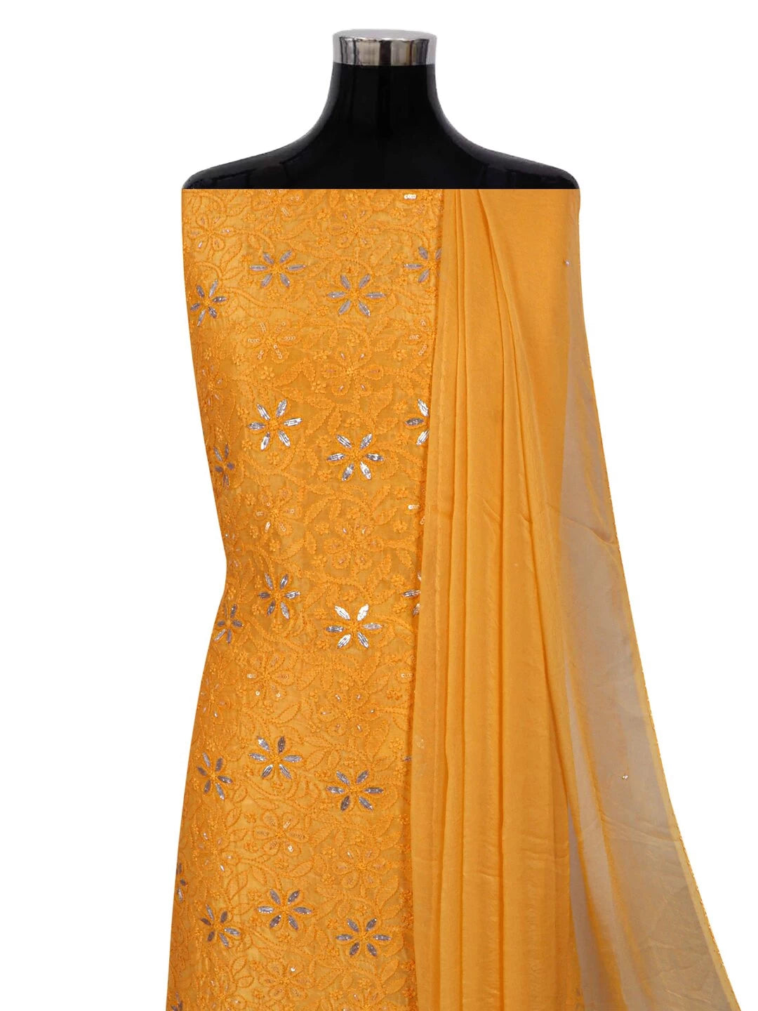 Ada Hand Embroidered Yellow Silk Lucknowi Chikankari Unstitched Kurta Dupatta Set Gota Patti Work 01A196973