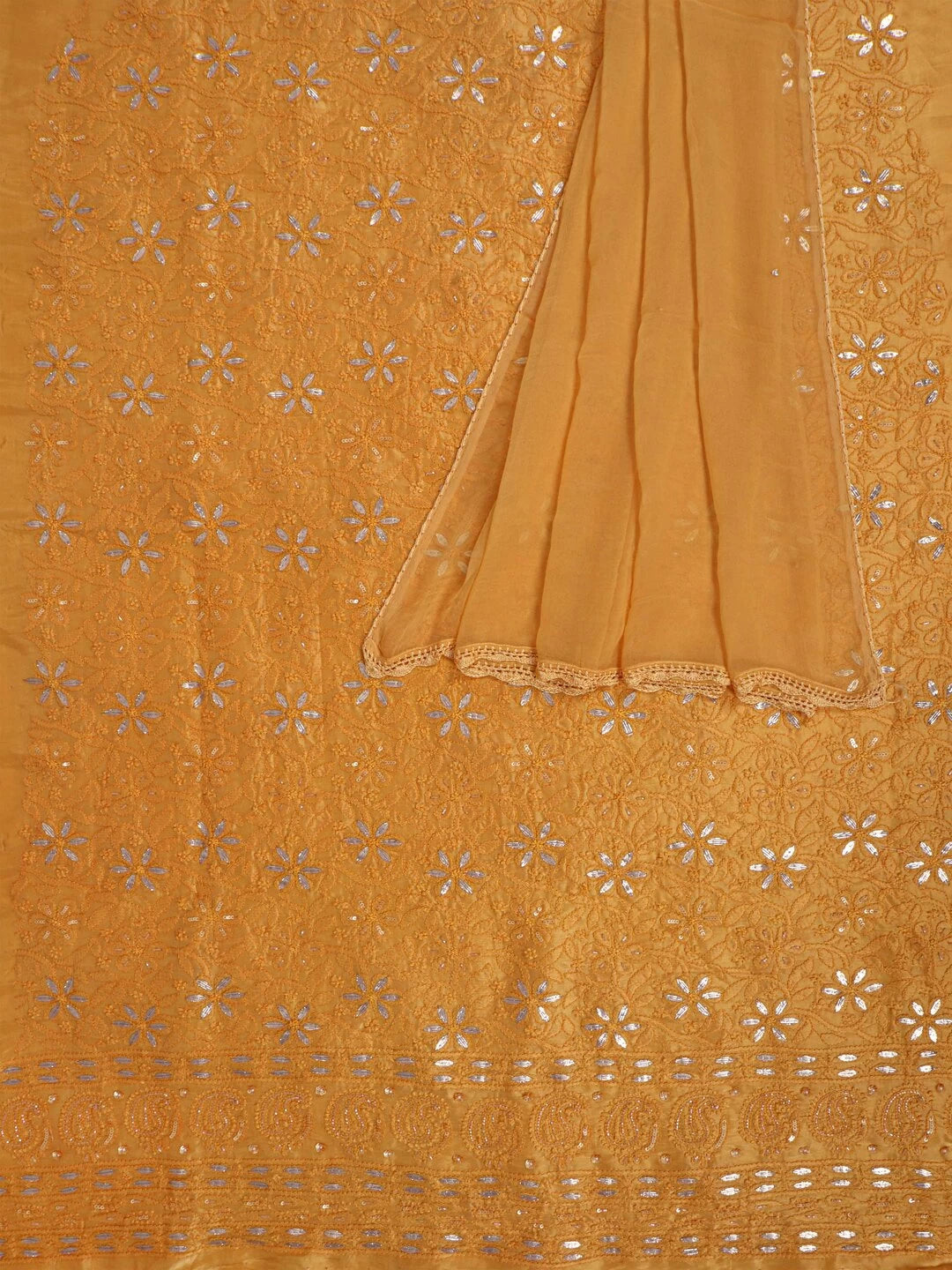 Ada Hand Embroidered Yellow Silk Lucknowi Chikankari Unstitched Kurta Dupatta Set Gota Patti Work 01A196973