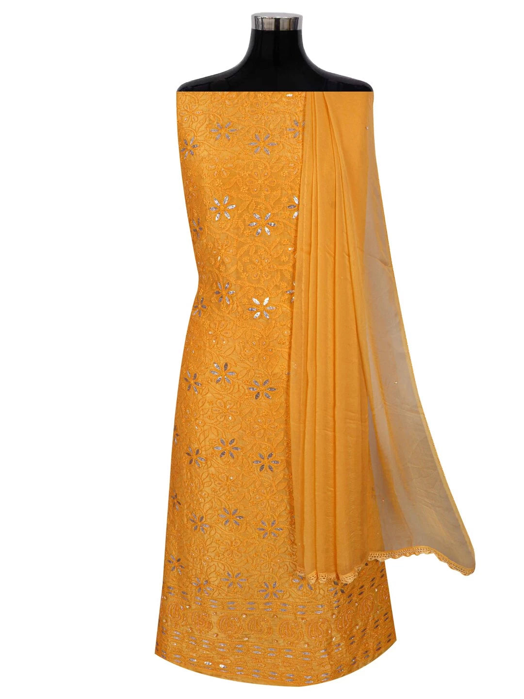 Ada Hand Embroidered Yellow Silk Lucknowi Chikankari Unstitched Kurta Dupatta Set Gota Patti Work 01A196973
