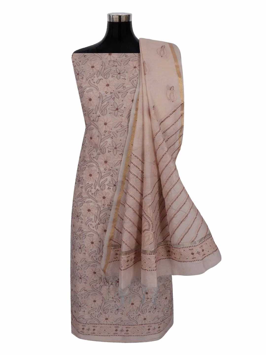 Ada Hand Embroidered Light Fawn Chanderi Lucknowi Chikankari Unstitched Kurta Dupatta Set 01A270922