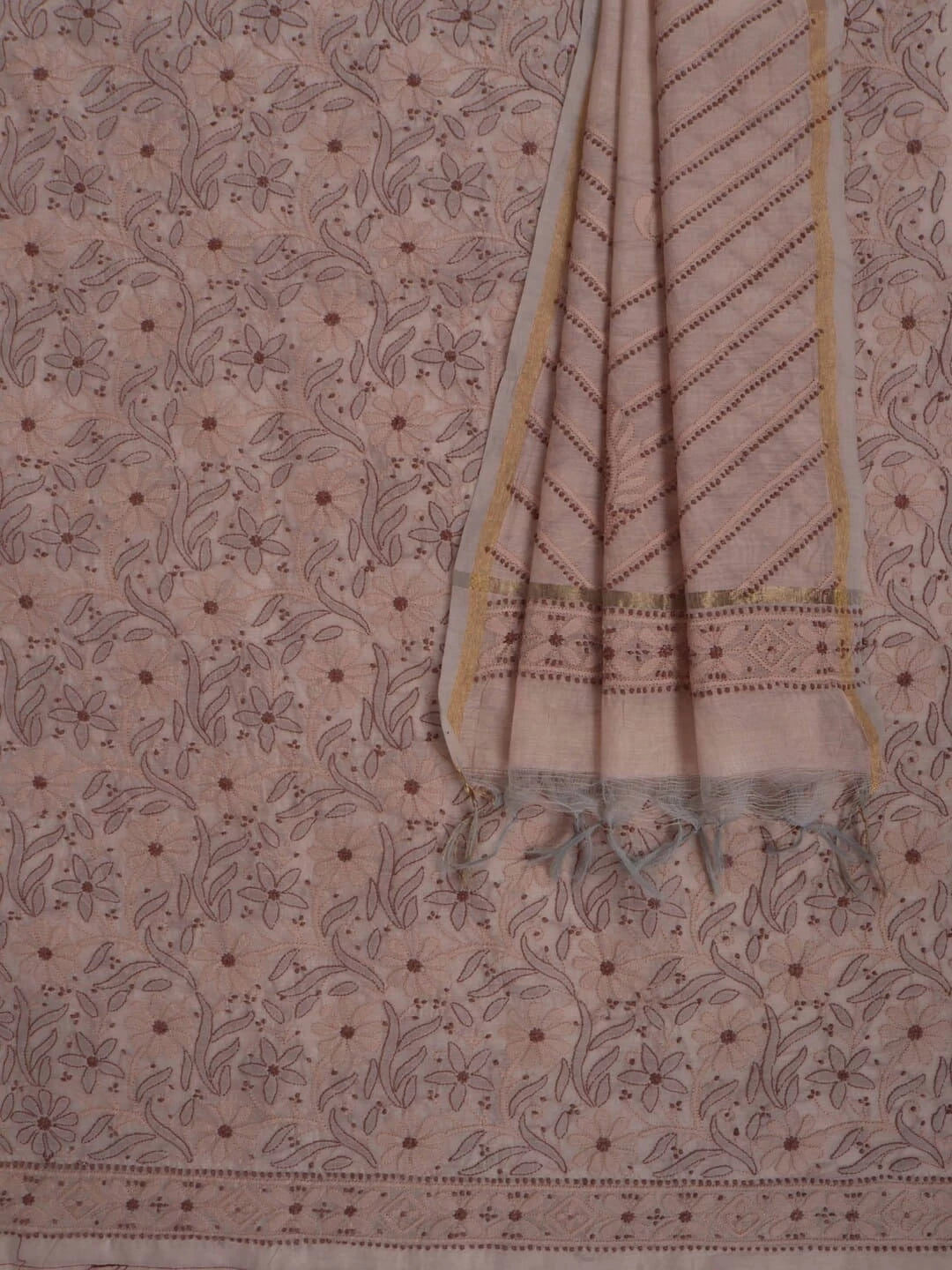 Ada Hand Embroidered Light Fawn Chanderi Lucknowi Chikankari Unstitched Kurta Dupatta Set 01A270922