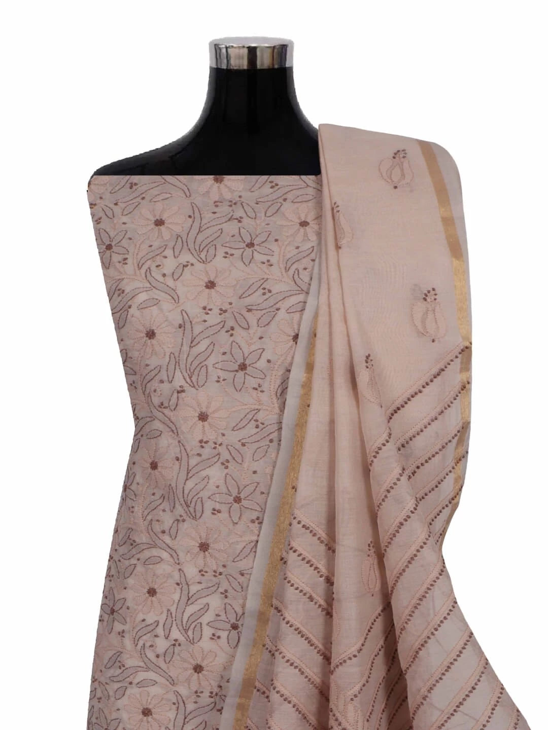 Ada Hand Embroidered Light Fawn Chanderi Lucknowi Chikankari Unstitched Kurta Dupatta Set 01A270922