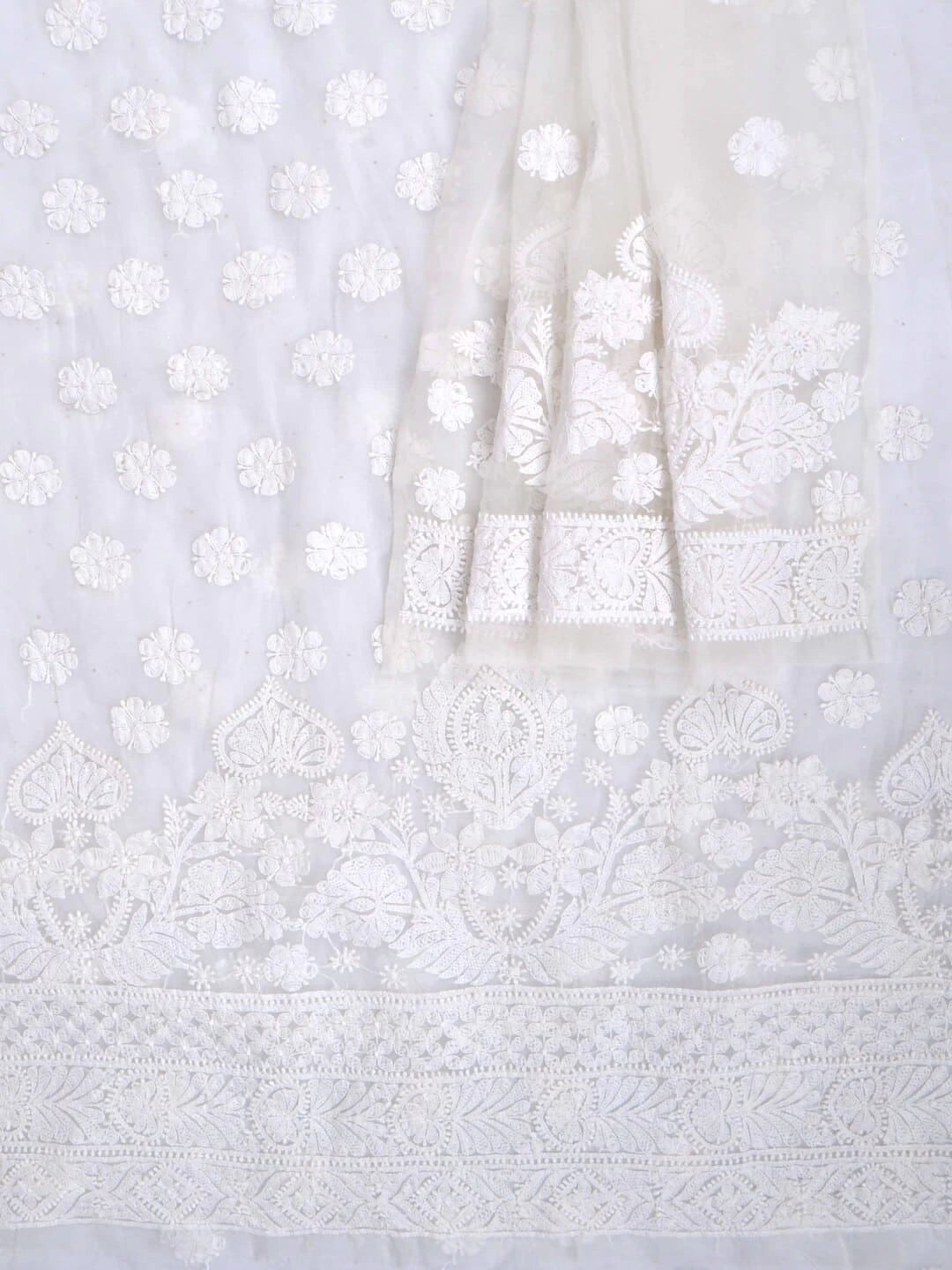 Ada Hand Embroidered White Organza Lucknowi Chikankari Unstitched Kurta Dupatta Set 01A270926