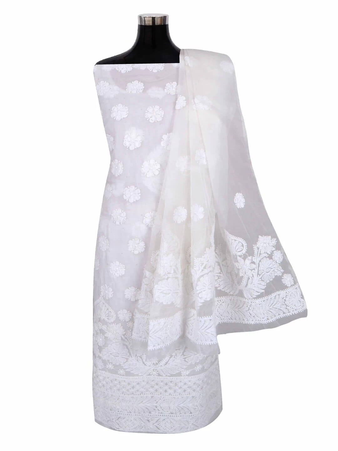Ada Hand Embroidered White Organza Lucknowi Chikankari Unstitched Kurta Dupatta Set 01A270926