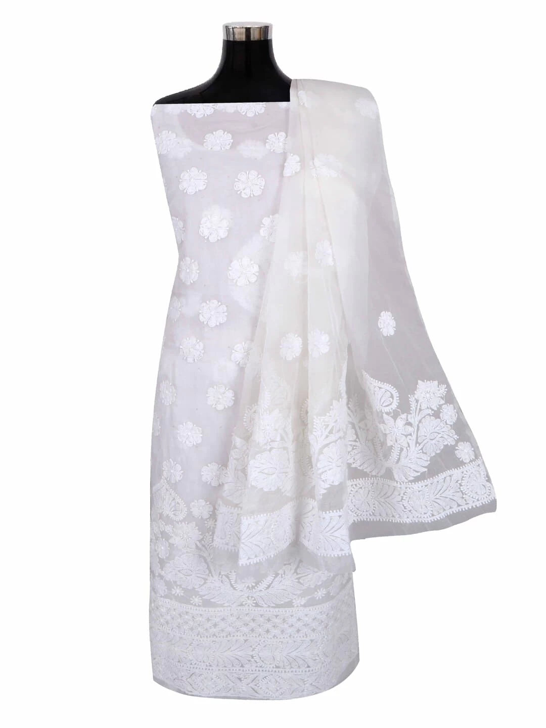 Ada Hand Embroidered White Organza Lucknowi Chikankari Unstitched Kurta Dupatta Set 01A270926