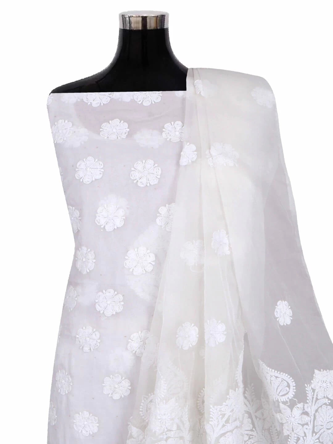 Ada Hand Embroidered White Organza Lucknowi Chikankari Unstitched Kurta Dupatta Set 01A270926