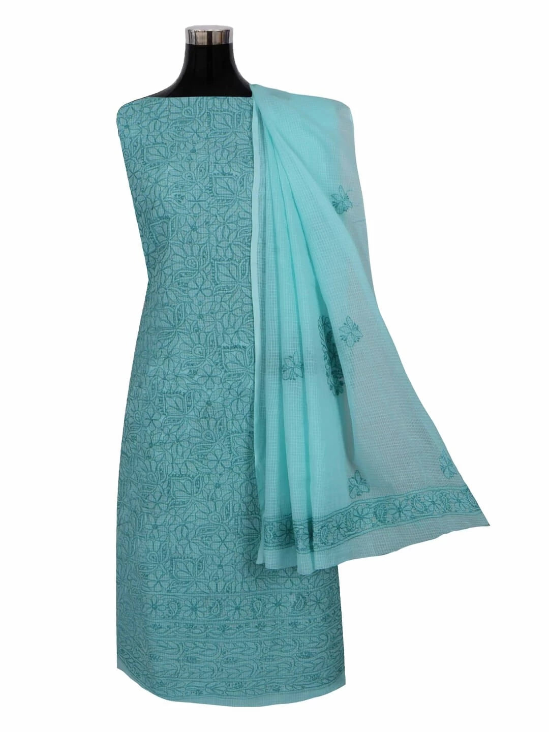Ada Hand Embroidered Sea Green Kota Lucknowi Chikankari Unstitched Kurta Dupatta Set 01A219581