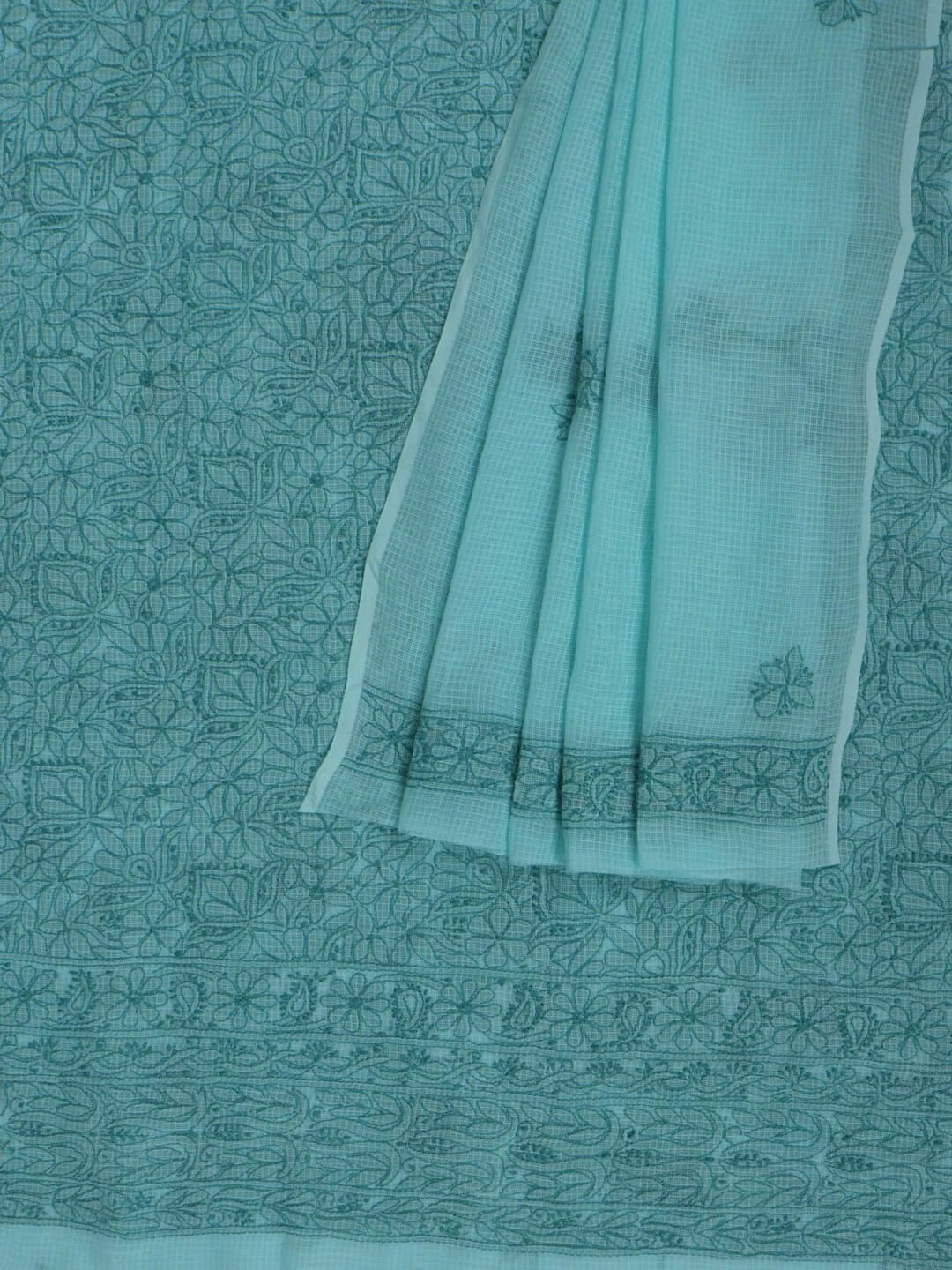 Ada Hand Embroidered Sea Green Kota Lucknowi Chikankari Unstitched Kurta Dupatta Set 01A219581