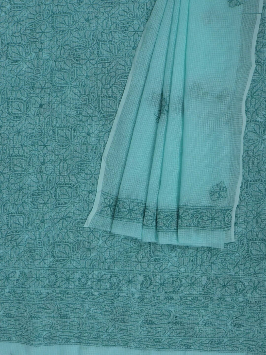 Ada Hand Embroidered Sea Green Kota Lucknowi Chikankari Unstitched Kurta Dupatta Set 01A219581