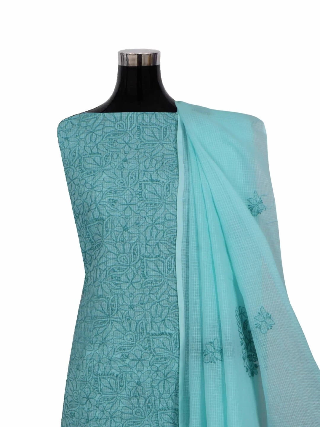 Ada Hand Embroidered Sea Green Kota Lucknowi Chikankari Unstitched Kurta Dupatta Set 01A219581
